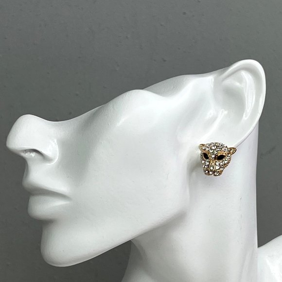 Forever 21 Pave Panther Earrings Gold Tone Black Clear Rhinestones NWT - Picture 1 of 5